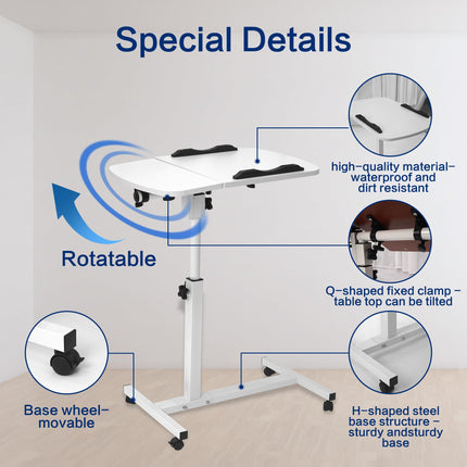 mosegor mobilais sānu galdiņš ar regulējamu augstumu barojošos galdiņu gultai ar 4 ritentiņiem, 60 × 40 cm klēpjdatora galds, rotējošs virsgultas galds viesistabai, guļamistabai, birojam, gultai, dīvānam, maks. 20 kg, balts