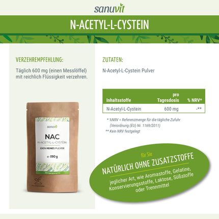 Sanuvit® - NAC pulveris | 150 g iepakojumā | 6 mēnešu krājumi | N-acetil-L-cisteīns ​​| Augsta biopieejamība un panesamība | Vegāns | Ražots Austrijā