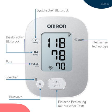 OMRON X2 Smart+ klīniski apstiprināts augšdelma asinsspiediena mērītājs ar Bluetooth + bezmaksas lietotni, Vācijas Hipertensijas līgas apstiprinājuma zīmogs precīziem mērījumu rezultātiem, universāla aproce 22–42 cm
