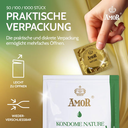 AMOR NATURE 53 mm prezervatīvi 100 gab. iepakojumā | Augstākās kvalitātes prezervatīvi, dabīgā krāsā | Prezervatīvi ar reālistisku sajūtu un īpaši plānu tekstūru | 0,07 mm sieniņu biezums | Vegāniski | Prezervatīvi vīriešiem