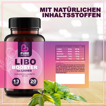 Pure Passion® Libo Booster Woman - Tūlītēja iedarbība - Kapsulas sievietēm - Augsta deva ar maka, cinku un L-arginīnu - Bez mākslīgām piedevām - Sabalansētam un apzinātam dzīvesveidam