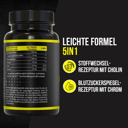 BRNR EASY BRNR Light Formula 5-in-1, vielmaiņas ārstēšana ar holīnu, asins cukura līmeņa formula ar hromu, šķiedrvielām, glikomanānu, zaļās tējas ekstraktu, 120 kapsulas