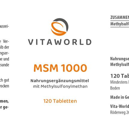 3 Vita World MSM 1000 mg AUGSTAS DEVAS 3 x 120 tabletes VEGĀNS