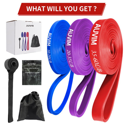 AUVIM pretestības lentu komplekts Fitnesa lentes 3 dažādi pretestības lentu līmeņi spēka treniņiem, stiepšanās vingrinājumiem, kalistenikai, krosfitnesam, Pilates, jogai, ieskaitot durvju enkura uzglabāšanas maisiņu