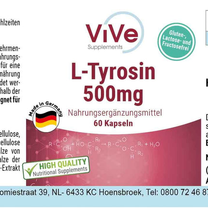 L-tirozīns 500 mg - 60 kapsulas - augsta deva - proteinogēna aminoskābe | Kvalitāte no Vācijas, ko nodrošina ViVe Supplements