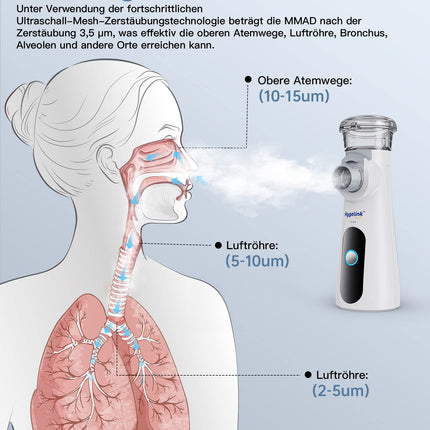 Hygelink inhalatora komplekts bērniem un pieaugušajiem, pārnēsājams inhalators elpceļu slimībām, 2 stundu ilgs darbības laiks, 30 dB kluss, ar iemutni un 2 maskām