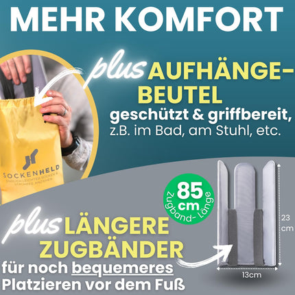 SOCKENHELD® 2-in-1 Premium zeķubikses – ar kabatu piekarināšanai papildu aizsardzībai un higiēnai – Ērtas savilcējstieni – Ideāli piemērotas senioriem, grūtniecēm un cilvēkiem ar ierobežotu kustību amplitūdu – 23 cm