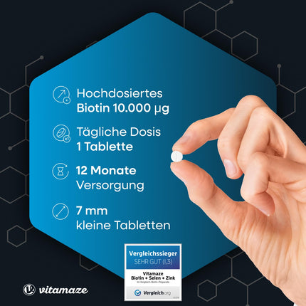 Augstas devas biotīns 10 000 mcg + selēns + cinks matu augšanai, ādai un nagiem, 365 vegānas tabletes 1 gadam, uztura bagātinātājs bez piedevām, ražots Vācijā