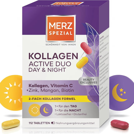 Merz Spezial Kollagen Active Duo Day &amp; Night – skaistuma kompleksa tabletes ar kolagēnu, C vitamīnu, cinku, mangānu + biotīnu – uztura bagātinātājs ar divkāršu formulu – 1 x 112 tabletes