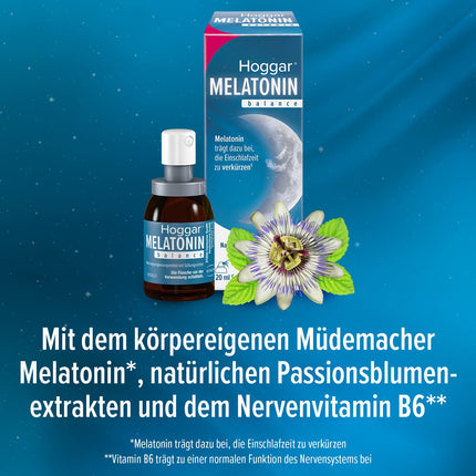 Hoggar MELATONIN balance - Miega aerosols - Uztura bagātinātājs ar melatonīnu, lai saīsinātu aizmigšanas laiku un cīnītos pret laika joslu nobīdi - ar B6 vitamīnu - 20 ml aerosols