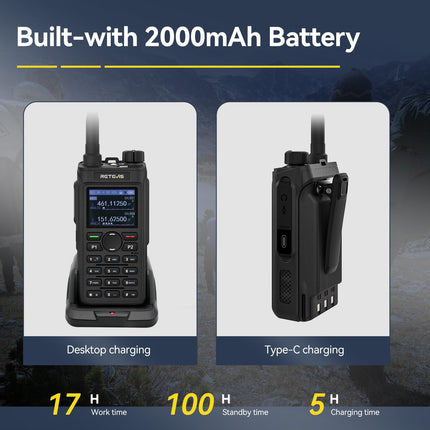 Retevis C62 divu joslu rācija, profesionāls radioamatieris ar LCD ekrānu, augstas veiktspējas divvirzienu radio, 2000 mAh, pārgājieniem/medībām/kempingam (melns, 1 iepakojums)