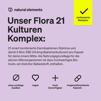 Flora 21® kultūru komplekss – 21 baktēriju celms + organiskais inulīns – 180 kuņģa sulu izturīgas kapsulas – Laboratorijā pārbaudītas, vegānas, ar augstu devu un ražotas Vācijā