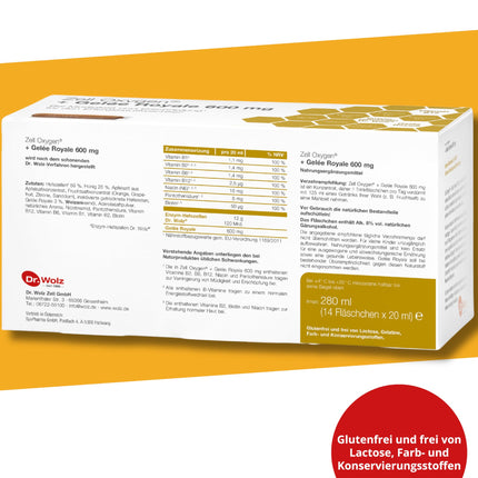 Dr. Wolz Zell Oxygen + Bišu peru pieniņa 600 mg, dabīgs rauga enzīmu šūnu līdzeklis veiktspējai un enerģijai, ar svaigu bioloģisku bišu peru pieniņu un vitamīniem, 14 ampulas pa 20 ml katrā