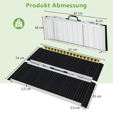 COSTWAY ratiņkrēslu rampa 91 cm, saliekama, pārnēsājama un neslīdoša rampa ar celtspēju līdz 272 kg, alumīnija piekļuves rampa, sliekšņa rampa ratiņkrēslu kāpņu durvīm (91 x 74 cm)