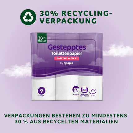 Amazon tualetes papīrs, 3 slāņu stepēts, samtaini mīksts, 36 ruļļi (9 ruļļi, 4 iepakojums), 200 loksnes rullī, FSC sertificēts