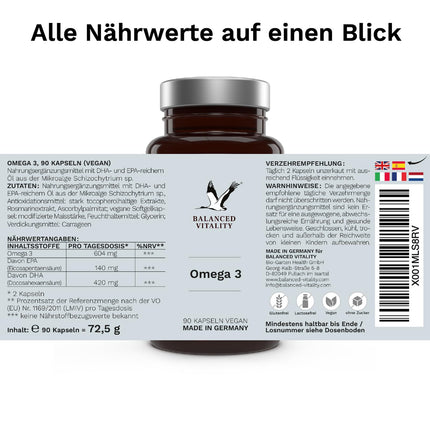 Vegāns Omega 3 augstas devas - 1500 mg dienā ar 450 DHA un 225 EPA no aļģu eļļas - 90 kapsulas 1 mēnesis - Omega 3 aļģu eļļas kapsulas ar firmas izejvielu life'sOMEGA® - bez zivīm - sabalansēta vitalitāte