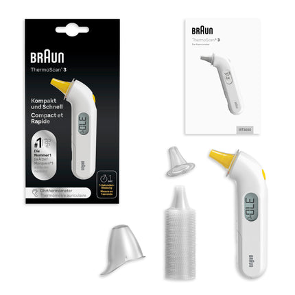 Braun ThermoScan 3 ausu termometrs | Ātrs 1 sekundes mērījums | Akustiskais drudža indikators | Digitālais displejs | Piemērots mazuļiem un maziem bērniem | Ārstu vidū Nr. 1 zīmols(1) | IRT3030