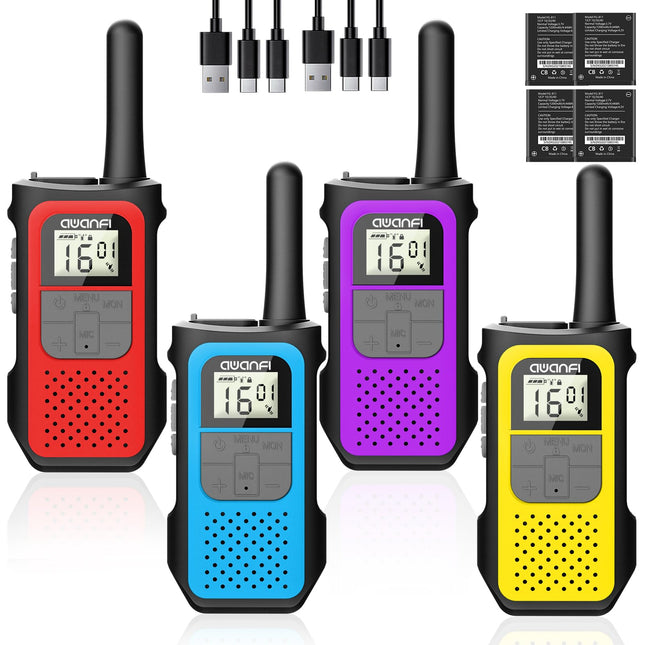 AWANFI rāciju komplekts (4 gab.), uzlādējama rācija pieaugušajiem un bērniem, 16 kanālu radio komplekts ar 1200mAh litija jonu akumulatoru VOX, rācija kempingam, pārgājieniem, dāvana