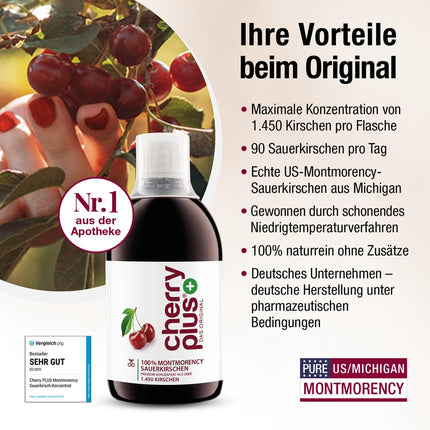 ASV Montmorency skābo ķiršu koncentrāts – ļoti koncentrēts – 1450 Montmorency skābie ķirši pudelē (500 ml) – Cherry PLUS