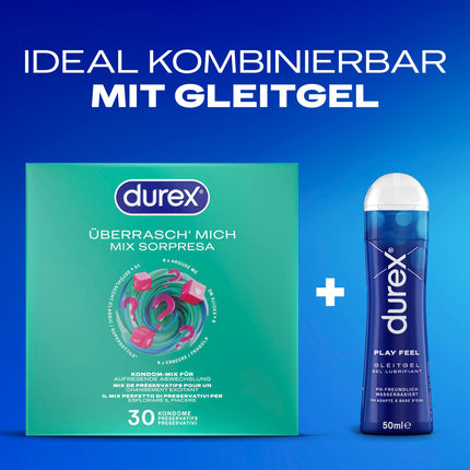 Durex Surprise Me prezervatīvu maisījums – maisījums ar 4 dažādiem prezervatīvu veidiem izmēģināšanai – 30 iepakojums (1 x 30 gabali)
