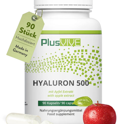 PlusVive hialuronskābes kapsulas ar augstu devu I 1 x 90 kapsulas ar ābolu ekstraktu I 500 mg hialuronskābes ar 500–700 kD vienā kapsulā I Hialuronskābes kapsulas I Uztura bagātinātājs Vegāns un laboratoriski pārbaudīts