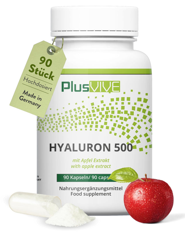 PlusVive hialuronskābes kapsulas ar augstu devu I 1 x 90 kapsulas ar ābolu ekstraktu I 500 mg hialuronskābes ar 500–700 kD vienā kapsulā I Hialuronskābes kapsulas I Uztura bagātinātājs Vegāns un laboratoriski pārbaudīts