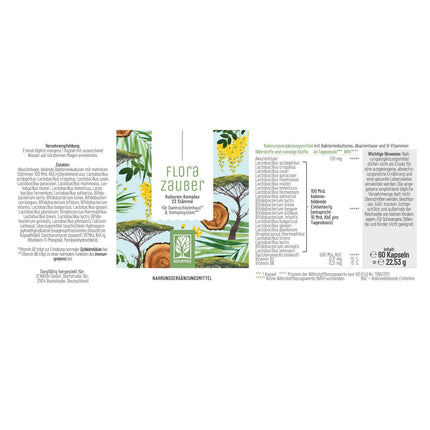 NATURTREU® Florazauber kultūru komplekss ar zarnās šķīstošu apvalku un vegāns - 23 baktēriju celmi bez inulīna - komplekss ar laktobacilām un bifidobaktērijām, 60 kapsulas