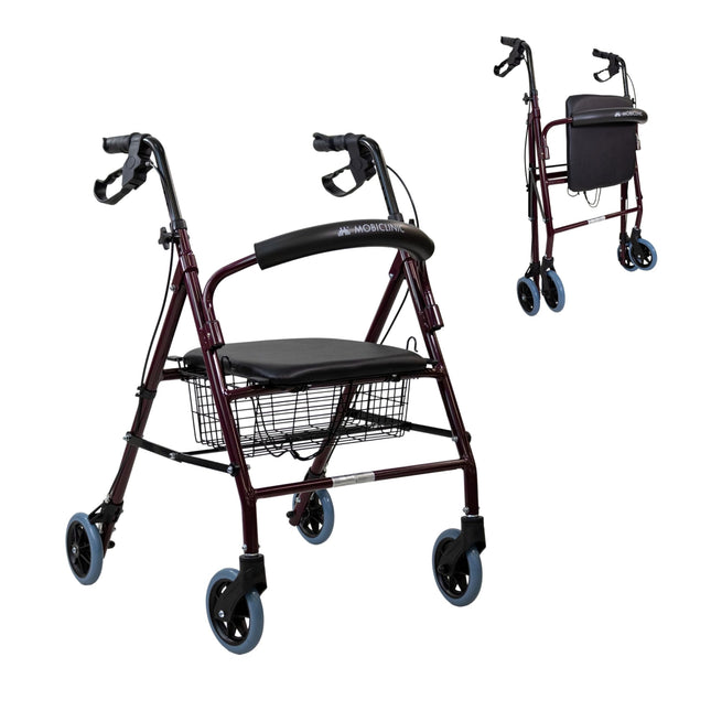 Mobiclinic®, Rollators, Escorial, Eiropas zīmols, Salokāms un viegls, Noslēdzama rokas bremze, Iešanas palīglīdzeklis, Alumīnijs, Noņemams grozs, Ar sēdekli un atzveltni, Bordo