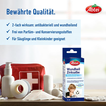 Abtei brūču dziedinošā cinka ziede - ziede ar cinku brūču dzīšanai - antibakteriāla un pretiekaisuma iedarbība - piemērota arī zīdaiņiem un maziem bērniem - 75 ml
