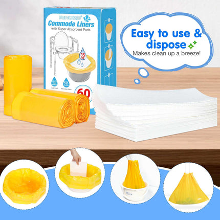 RINOZO 60 gab. īpaši absorbējoši tualetes poda paliktņi naktsskapīšiem, universāli piemēroti visiem standarta pārnēsājamo tualetes podu spaiņiem, vienreizlietojami atkritumu maisi, 60 gab. maisiņi + 60 gab. paliktņi