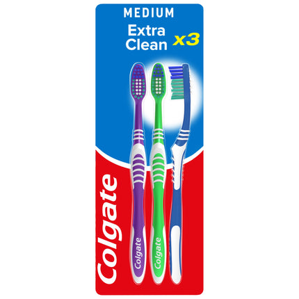 Colgate Extra Clean zobu birste, 3 daļas – Manuāla zobu birste ar vidēji cietiem sariem, kas iztīra starp zobiem un aizmugurējos zobus – Zobu tīrīšana ar integrētu mēles tīrītāju