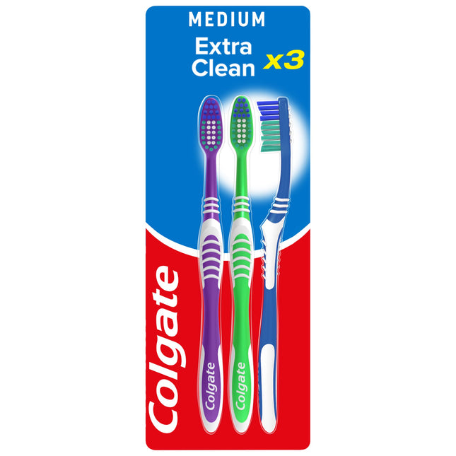 Colgate Extra Clean zobu birste, 3 daļas – Manuāla zobu birste ar vidēji cietiem sariem, kas iztīra starp zobiem un aizmugurējos zobus – Zobu tīrīšana ar integrētu mēles tīrītāju
