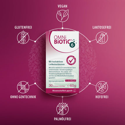 OMNi BiOTiC 6 | Stikls | 60 porcijas (120 g) | 6 baktēriju celmi | 4 miljardi baktēriju vienā dienas devā | Pulveris | Ar inulīnu | Vegāns | Bez glutēna | Bez laktozes | Ikdienas lietošanai