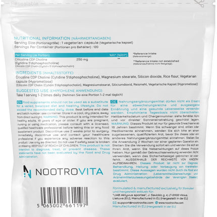 Citicoline CDP holīna 120 kapsulas - atmiņai, koncentrēšanās spējām un kognitīvajām funkcijām | Bez glutēna, bez alergēniem | Ražots ISO sertificētās ražotnēs | Nootrovita