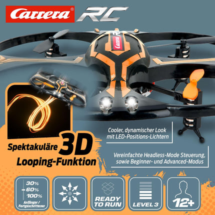 Carrera RC Quadcopter X2 drons | Ar mirgojošām LED gabarītgaismām | 3D cilpas funkcija | Automātiskās palaišanas un nolaišanās funkcija | 17,6 cm garums | No 12 gadiem | Iesācēja un progresīvais režīms