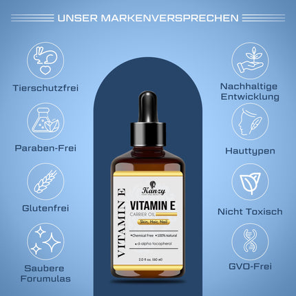 Kanzy E vitamīna eļļas organiskie pilieni kosmētikai 60 ml 100% dabīgs d-alfa-tokoferols, pretgrumbu, pretnovecošanās līdzeklis, tīra E vitamīna eļļa pret visu veidu grumbām, sejai, nagiem un matiem