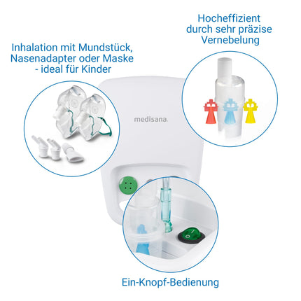 Medisana IN 500 inhalators, inhalācijas ierīce ar iemutni un masku pieaugušajiem un bērniem, inhalators-smidzinātājs saaukstēšanās vai astmas ārstēšanai ar papildu piederumiem