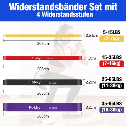 Fokky Fitness Bands pretestības lentu komplekts ar 4 līmeņiem, pretestības lentes ar durvju enkuru, rokturi, aizsargapvalks, pārnēsāšanas soma un treniņu instrukcijas, pievilkšanās lentes stiepšanās/jogas/pievilkšanās/spēka treniņiem