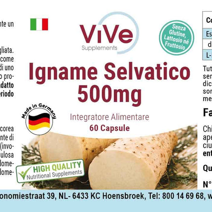 Savvaļas jama ekstrakts 500 mg - 60 kapsulas Savvaļas jamss ar 20% diosgenīna - augsta deva un vegāns - Dioscorea villosa | Kvalitāte no Vācijas, ko nodrošina ViVe Supplements
