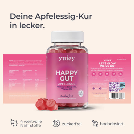 YUICY® ābolu sidra etiķa želejkonfektes - ar B12 vitamīnu un folskābi enerģijai, gremošanai un vielmaiņai - vegānas un bez cukura - garda ābolu garša - ābolu sidra etiķa želejkonfektes - 60 gab. - LAIMĪGA ZARNA