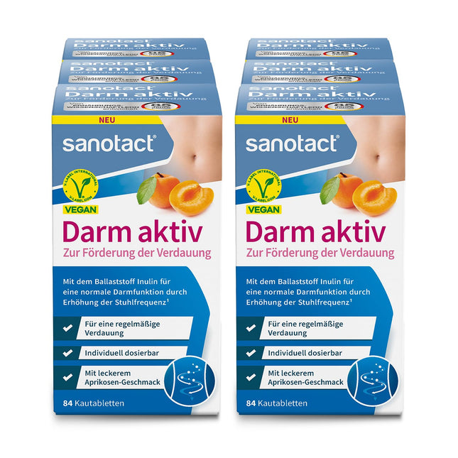 sanotact Darm AKTIV (6 x 84 košļājamās tabletes) • Normālai zarnu darbībai • Dabīgas šķiedrvielas un inulīns no cigoriņu saknes • Regulāra gremošana un zarnu attīrīšana • 100% vegāns