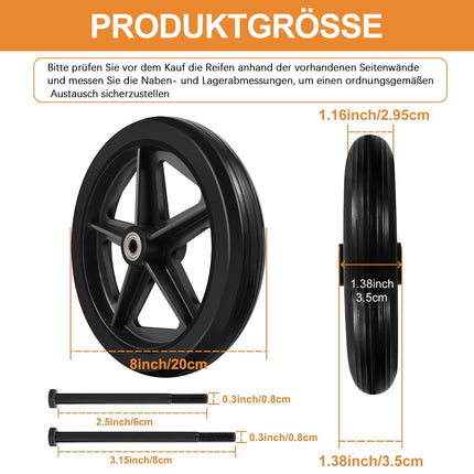 2 gab. 200 mm cietie rezerves riteņi – videi draudzīgs gumijas materiāls, nodilumizturīgas PU riepas, neslīdoša un izturīga ABS riteņu rumba