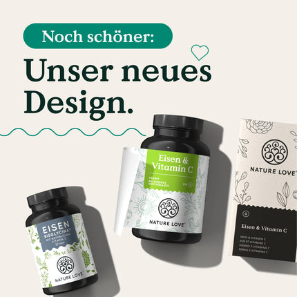 NATURE LOVE® dzelzs tabletes ar C vitamīnu - 240 tabletes - 20 mg dzelzs un 40 mg C vitamīna vienā tabletē - Augsti biopieejams dzelzs bisglicināts (dzelzs helāts) - Vegāns, ražots Vācijā