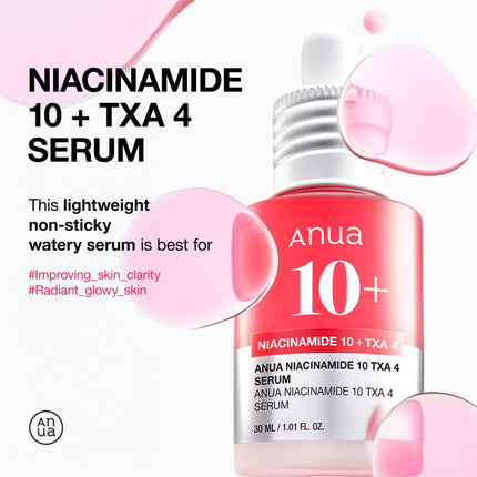 ANUA 10% niacinamīda + 4% traneksāmskābes serums, keramīds, hialuronskābe, B12 vitamīns, dabīga krāsa, jutīgai ādai, korejiešu stikla ādai, bez smaržvielām (30 ml)