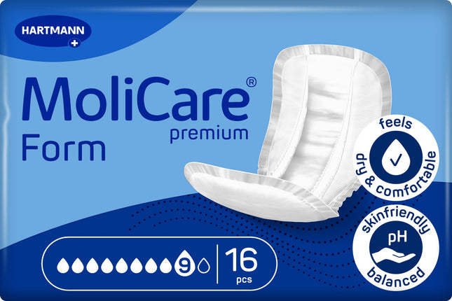 Molicare Premium Form 9 pilieni smagas urīna nesaturēšanas gadījumā: maksimāla drošība, papildu aizsardzība pret noplūdi un diskrētums gan sievietēm, gan vīriešiem, lietošanai kopā ar MoliCare Premium Fixpants, 16 gabali