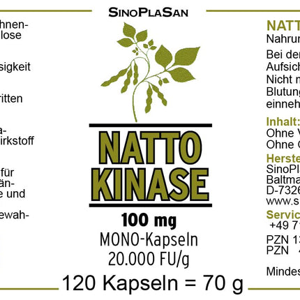 Nattokināze 100mg vienā kapsulā 20 000 FU | vegāns | bez K1 un K2 vitamīna | bez mikrokristāliskās celulozes un magnija stearāta | 120 kapsulas