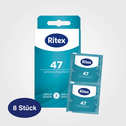 Ritex 47 prezervatīvi, mazs prezervatīvs, droša sajūta, pateicoties ciešākai piegulšanai, 8 gabali, ražoti Vācijā