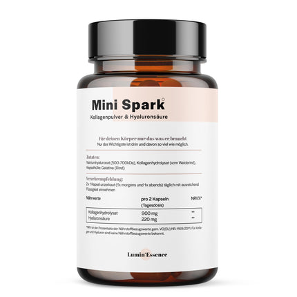 Mini Spark kolagēna hialuronskābes komplekss | 90 kapsulas | 900 g bioaktīva kolagēna ar 220 g hialuronskābes vienā dienas devā | Laboratorijā pārbaudīts un apstrādāts Vācijā
