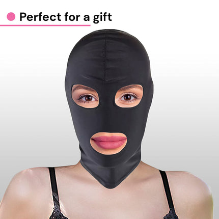BDSM maska ​​no FOPS 100% spandekss SM maska ​​S/M izmēra vergiem un lomu spēlēm, stiepjas līdz 58 cm, brīva no acīm un mutes, elpojoša un ērta, ideāli piemērota seksa kontroles un stimulācijas spēlēm, melna FOPS B23-1