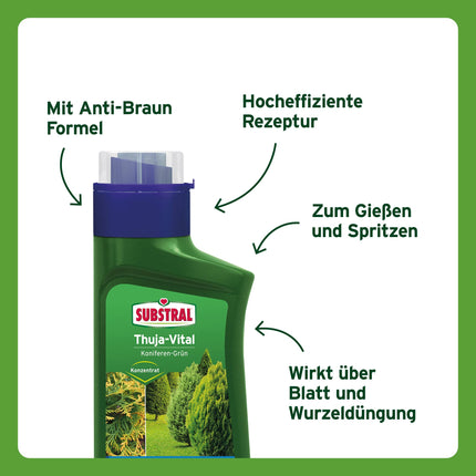 Substral Thuja-Vital, speciāls mēslojums tūju, ciprešu, buksusu, lauru ķiršu u.c. apsmidzināšanai un laistīšanai, 500 ml, zaļš